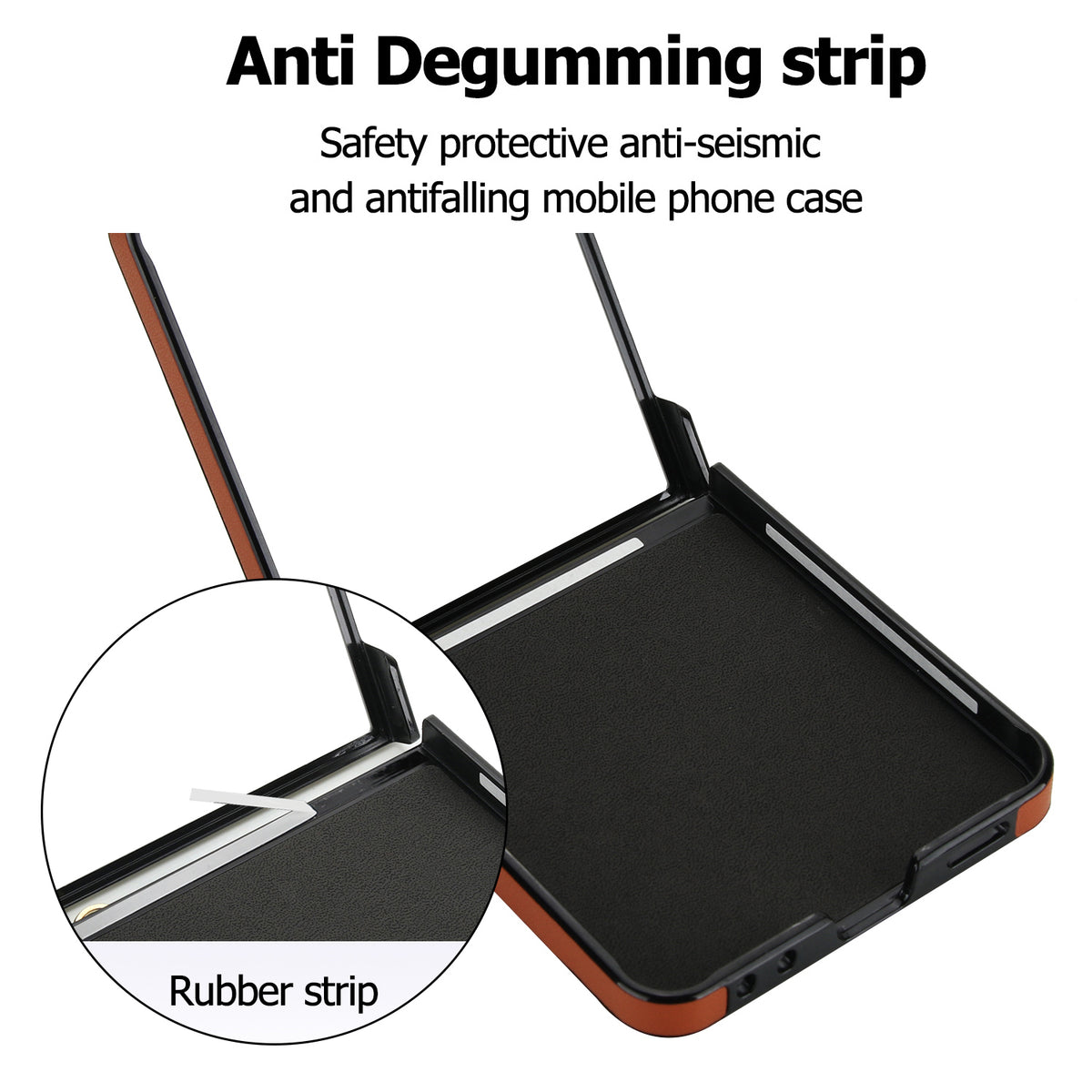Interior view of Samsung Galaxy Z Flip protective case featuring anti-degumming rubber strips for secure anti-slip installation
