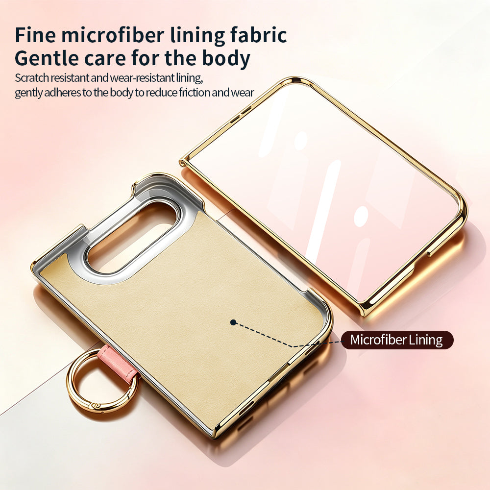 Interior view of electroplated iPhone DUO phone case displaying soft scratch-resistant microfiber lining fabric layer.