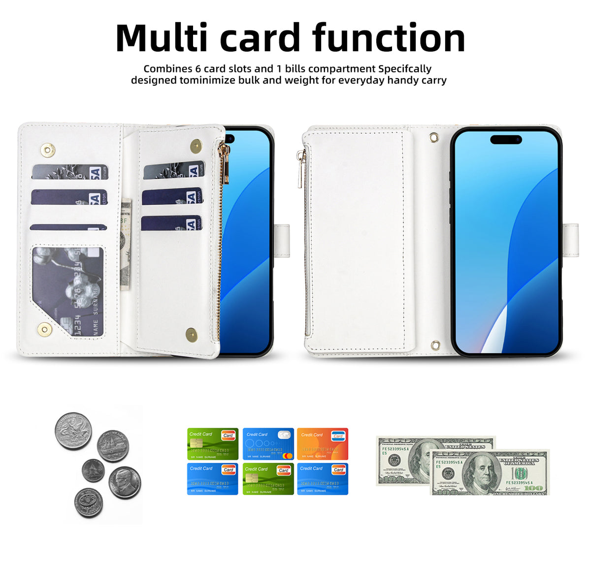 Interior view of iPhone luxury leather wallet case demonstrating storage for credit cards, cash bills, and loose change