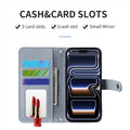 Interior view of woven folio phone wallet case showing 3 card slots, cash slot, lipstick, and integrated vanity mirror.