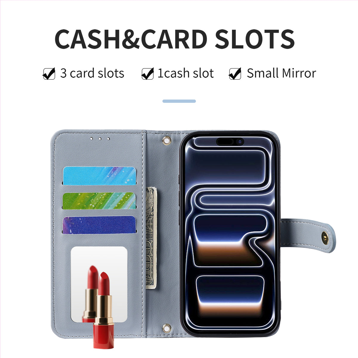 Interior view of woven folio phone wallet case showing 3 card slots, cash slot, lipstick, and integrated vanity mirror.