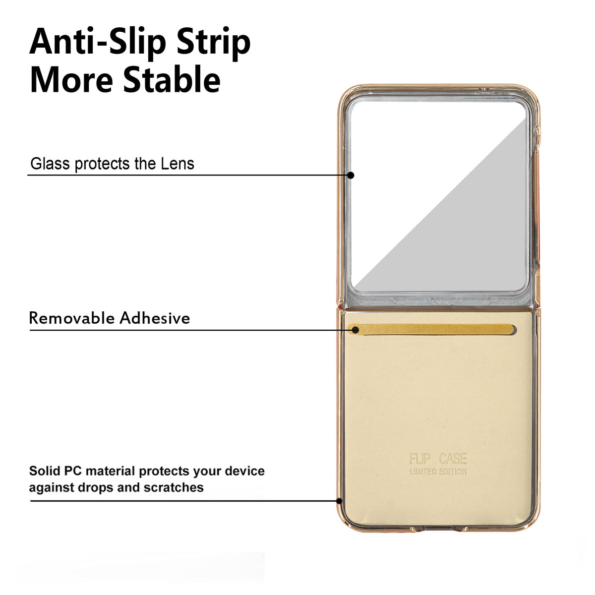 Internal diagram showing anti-slip strip, solid PC material, and built-in lens glass protector on Z Flip case