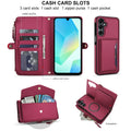 Internal view of wine red leather flap wallet case detailing 3 card slots, cash pocket, zipped coin purse, and detachable magnetic inner phone case.