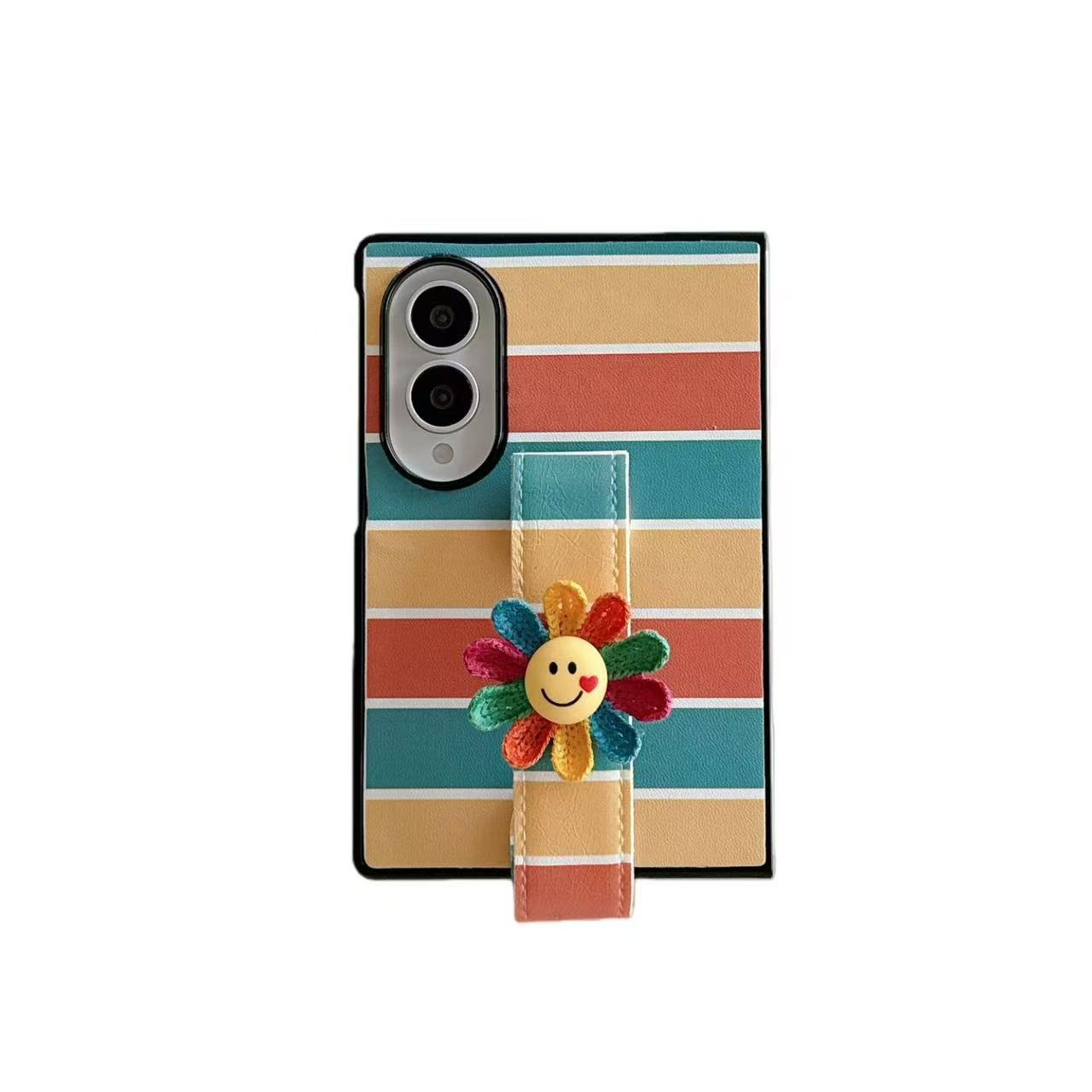 Isolated back view of retro rainbow striped leather case with colorful smiley flower strap band for Samsung Galaxy Z Fold
