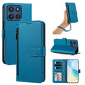 Lagon blue Motorola Moto G Power 5G leather phone case set showing camera module protection, wristlet lanyard, desktop kickstand, and open wallet card holder interior