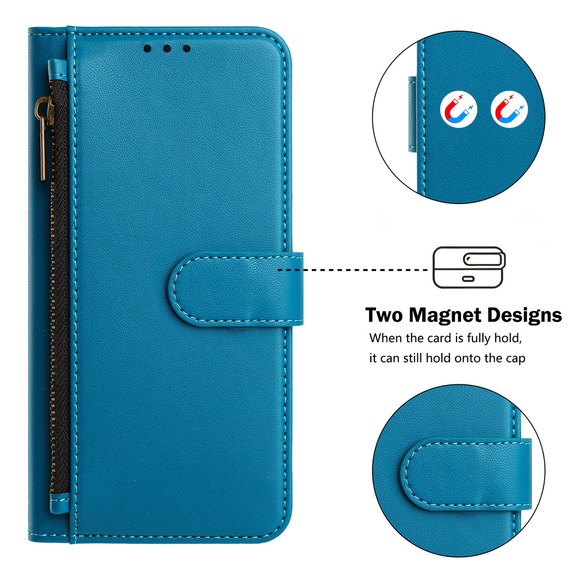 Lagon blue Motorola Moto G Power 5G leather wallet case close-up showing dual magnetic closure tabs.
