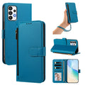 Lagon cyan blue leather wallet case for Samsung Galaxy A73 A72 A71 displayed from 5 angles including camera lens cutout, wristlet strap carry, horizontal kickstand mode, and interior wallet layout with 4 card slots, cash pocket, and photo window.