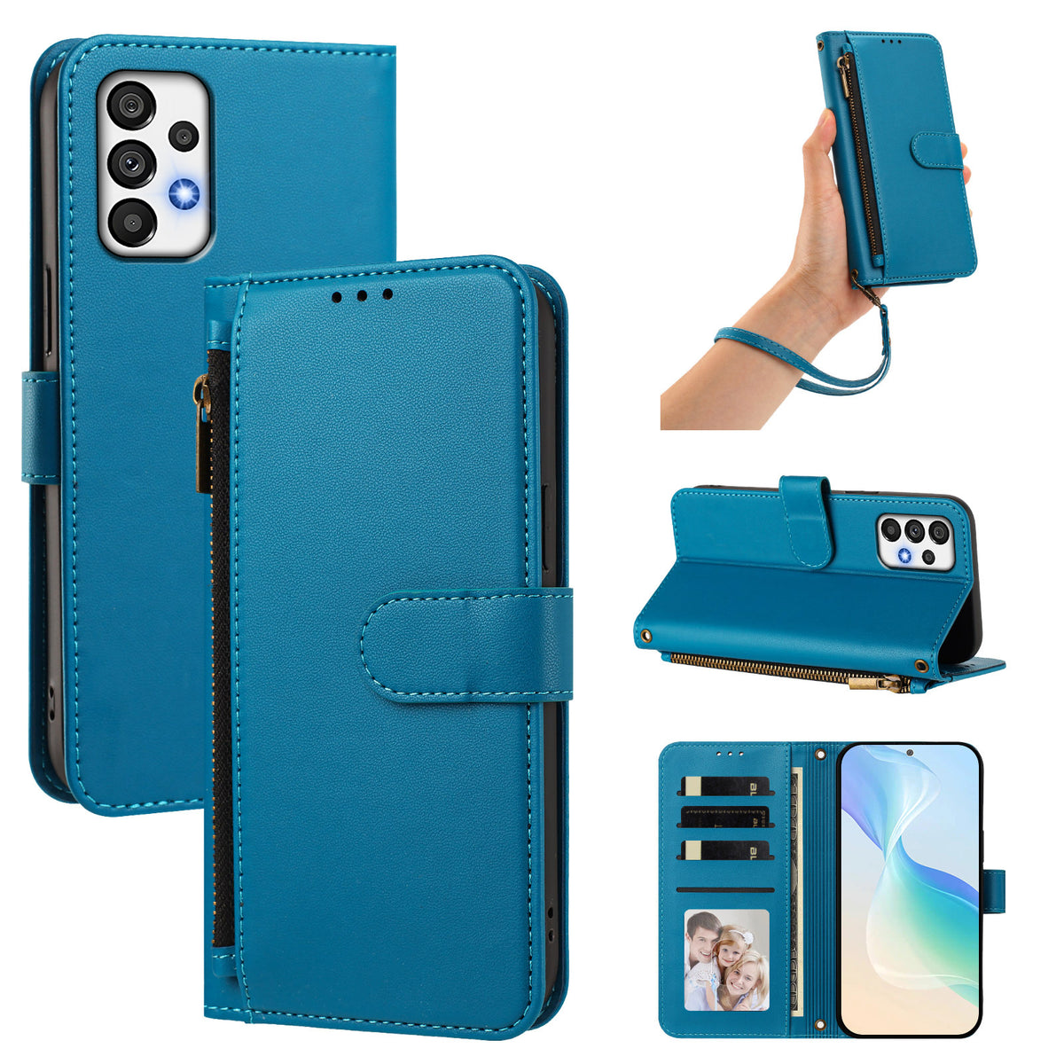 Lagon cyan blue leather wallet case for Samsung Galaxy A73 A72 A71 displayed from 5 angles including camera lens cutout, wristlet strap carry, horizontal kickstand mode, and interior wallet layout with 4 card slots, cash pocket, and photo window.
