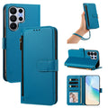 Lagon cyan blue leather wallet case for Samsung Galaxy Ultra shown from 5 angles including camera lens cutout, wristlet strap carry, horizontal kickstand mode, and interior wallet layout with card slots and photo window.