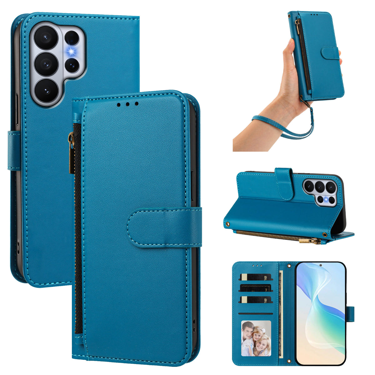 Lagon cyan blue leather wallet case for Samsung Galaxy Ultra shown from 5 angles including camera lens cutout, wristlet strap carry, horizontal kickstand mode, and interior wallet layout with card slots and photo window.
