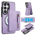 Lavender violet 2-in-1 magnetic detachable leather wallet case for Samsung Galaxy showing wireless charging compatibility ring, multi-angle kickstand, and interior card slots