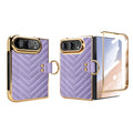Lavender purple chevron quilted leather case for iPhone DUO displaying folded back panel, electroplated gold borders, finger ring clasp, and pre-installed outer screen film.