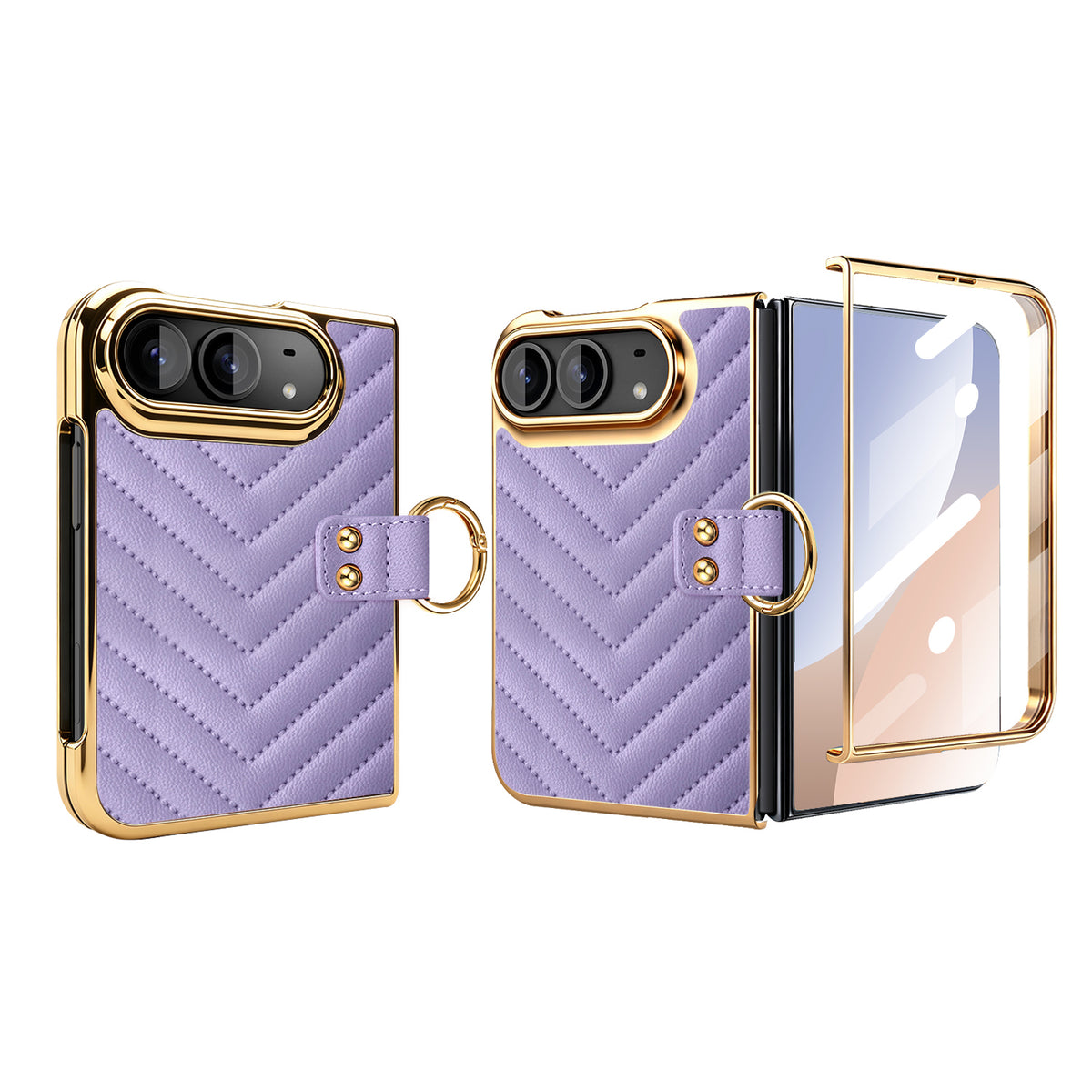 Lavender purple chevron quilted leather case for iPhone DUO displaying folded back panel, electroplated gold borders, finger ring clasp, and pre-installed outer screen film.