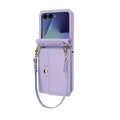 Lavender purple leather crossbody wallet phone case with card pouch for Samsung Galaxy Z Flip.