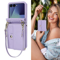 Lavender purple leather wallet phone case with wristlet strap for Samsung Galaxy Z Flip 8 shown on a model outdoors.