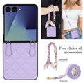 Lavender purple quilted leather Samsung Galaxy Z Flip case with floral scarf chain lanyard and matching purple shoulder strap