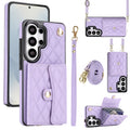 Lavender purple quilted leather Samsung Galaxy phone wallet case featuring snap accordion card holder wristlet strap and long crossbody shoulder lanyard