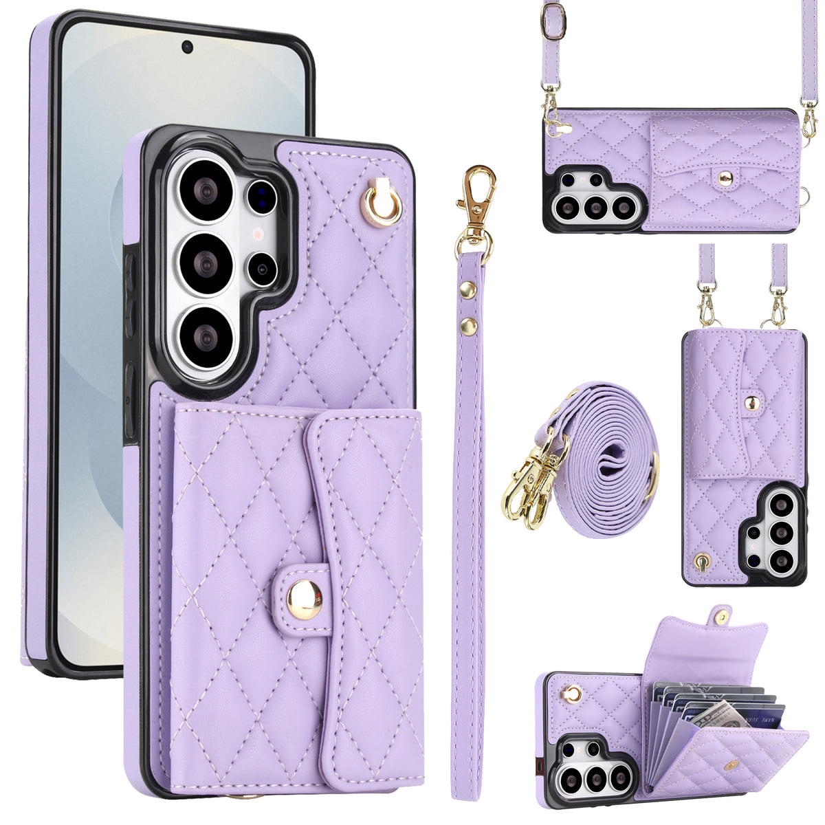 Lavender purple quilted leather Samsung Galaxy phone wallet case featuring snap accordion card holder wristlet strap and long crossbody shoulder lanyard