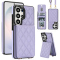 Lavender purple quilted leather crossbody phone case for Samsung Galaxy showing snap wallet kickstand and lanyard loops