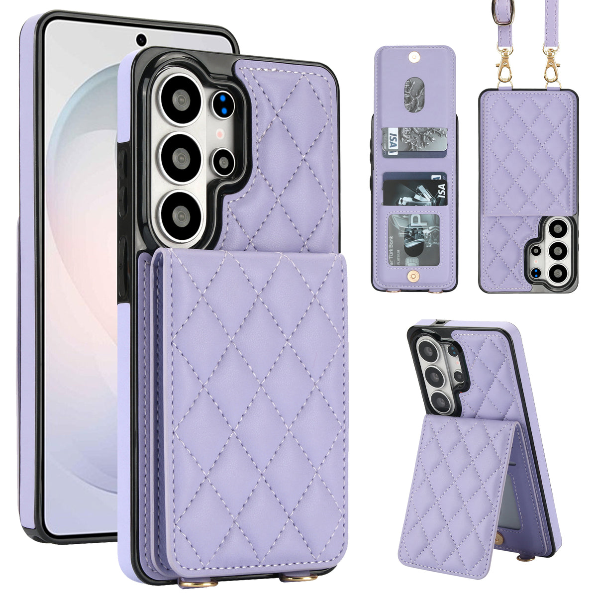 Lavender purple quilted leather crossbody phone case for Samsung Galaxy showing snap wallet kickstand and lanyard loops