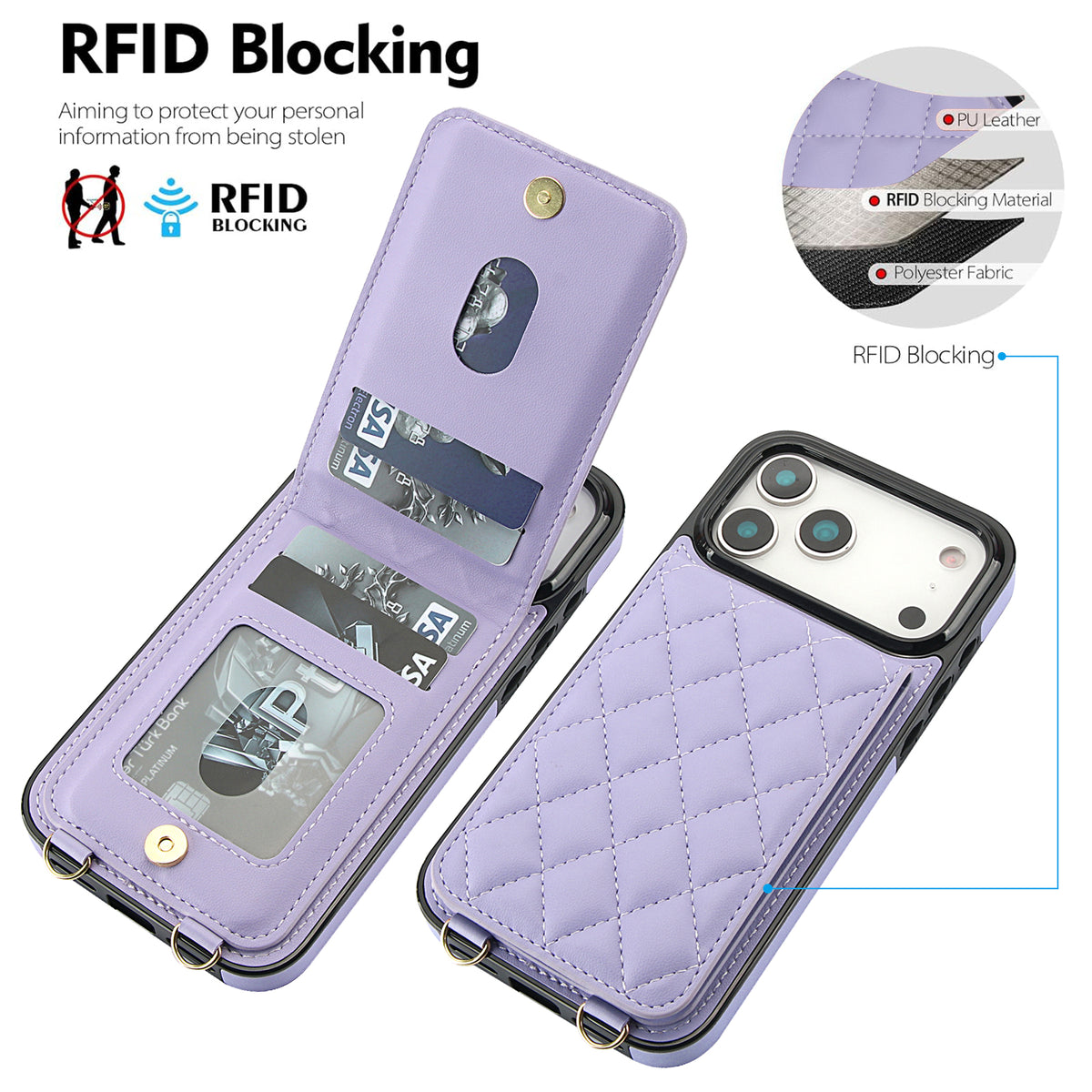 Lavender purple quilted leather wallet case with opened card slots demonstrating RFID blocking material technology