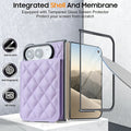 Lavender quilted leather case for iPhone DUO demonstrating integrated shell frame with HD anti-scratch screen protector.