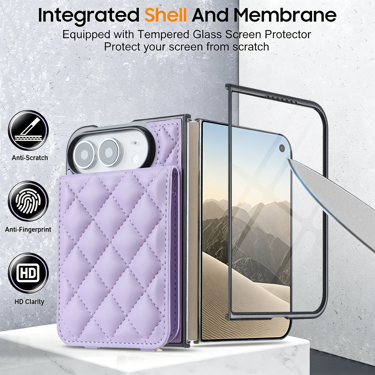 Lavender quilted leather case for iPhone DUO demonstrating integrated shell frame with HD anti-scratch screen protector.