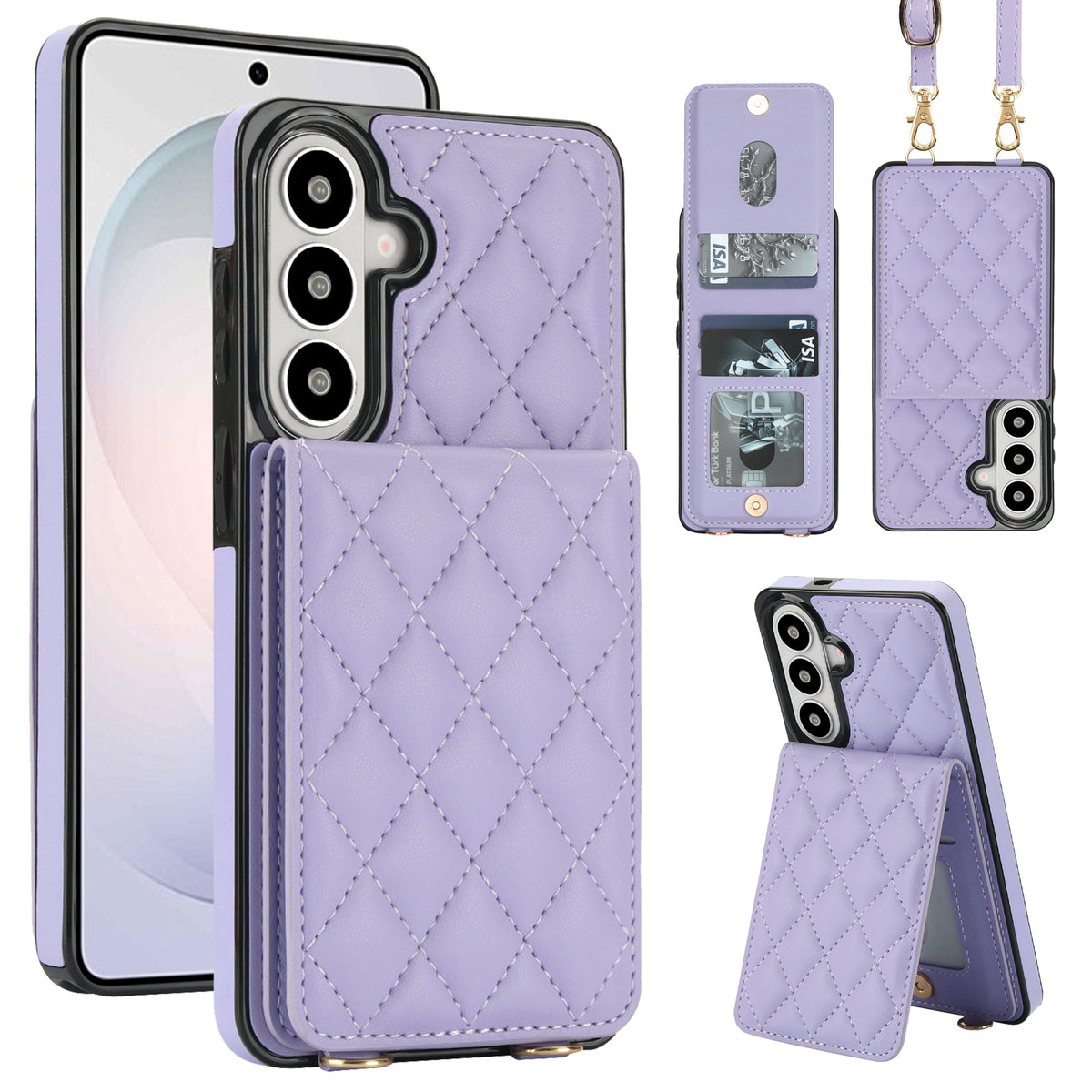 Lavender quilted leather crossbody wallet case for Samsung Galaxy A-Series displaying full composite views including rear card slot flap, open ID window, detachable lanyard strap, and kickstand mode.