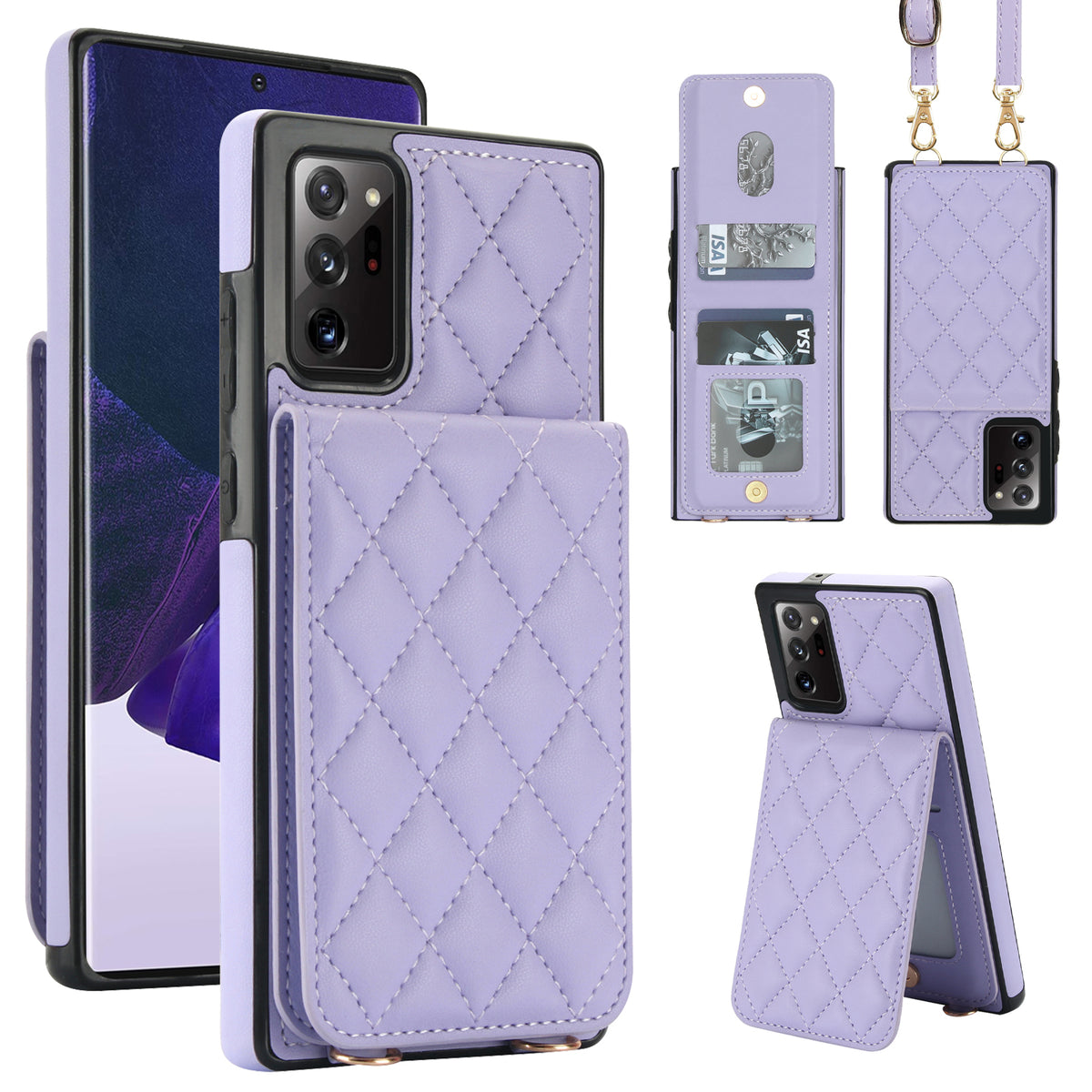 Lavender quilted leather crossbody wallet case for Samsung Galaxy displaying composite views including rear snap card slots, photo ID window, detachable shoulder lanyard, and horizontal kickstand mode.