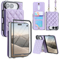 Lavender quilted leather crossbody wallet case for iPhone DUO displaying full product composite views including built-in screen protector frame, snap-button card slots, detachable shoulder lanyard, and horizontal kickstand mode.