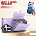 Lavender quilted leather phone wallet case showing open card holder capacity for 8 cards plus cash without needing an additional wallet