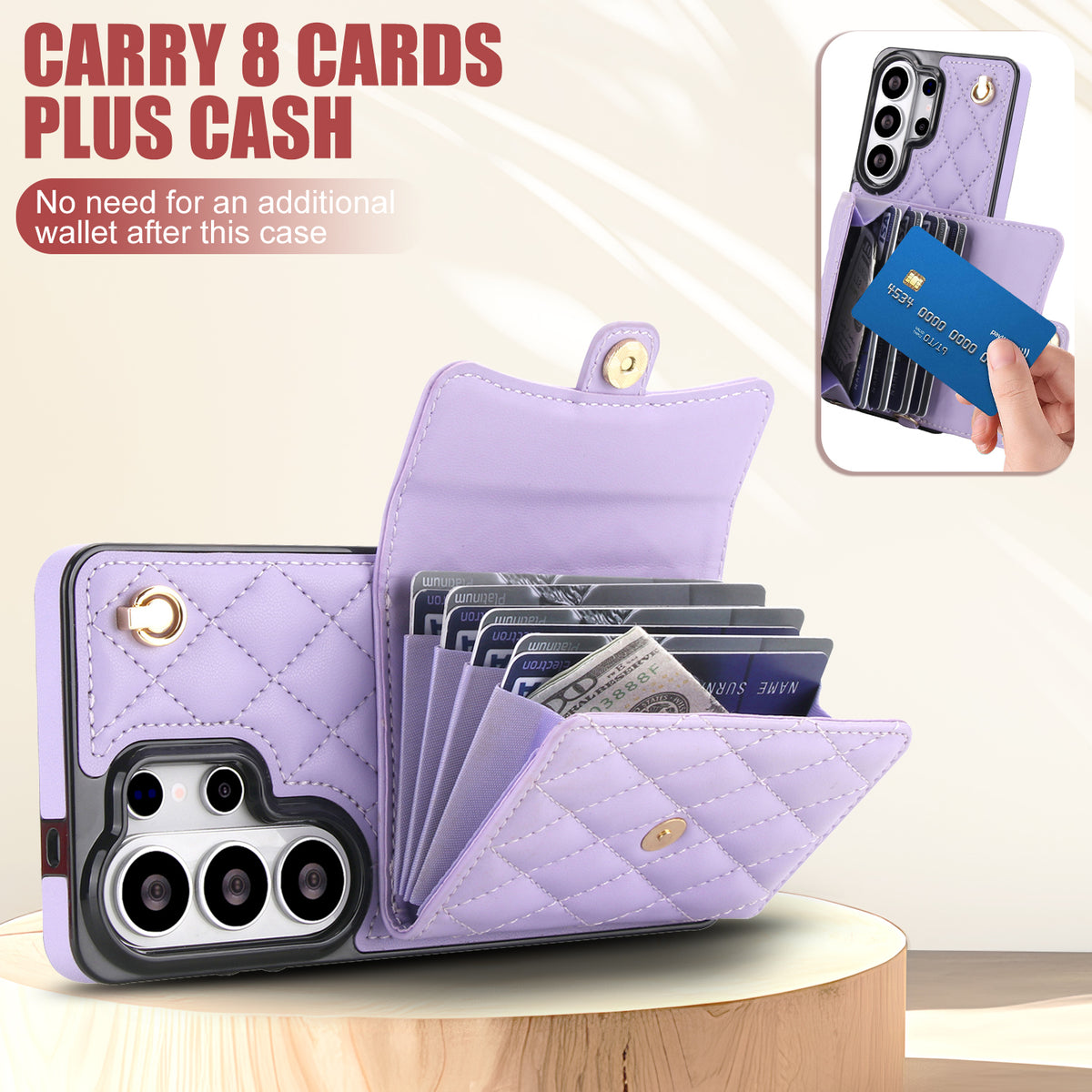 Lavender quilted leather phone wallet case showing open card holder capacity for 8 cards plus cash without needing an additional wallet