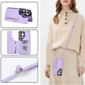 Lavender violet leather crossbody wallet phone case for Samsung Galaxy worn by model with kickstand, magnetic card slots, and lanyard detail