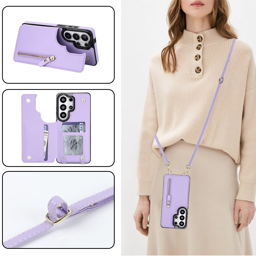 Lavender violet leather crossbody wallet phone case for Samsung Galaxy worn by model with kickstand, magnetic card slots, and lanyard detail
