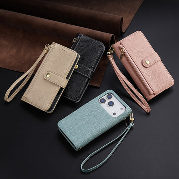 Leather crossbody wallet phone cases for iPhone 18 and 17 series shown in Beige, Black, Pink, and Light Blue colors.