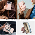 Lifestyle collage showcasing the pink leather iPhone DUO case attached to a magnetic car holder mount and set in hands-free desktop kickstand mode.