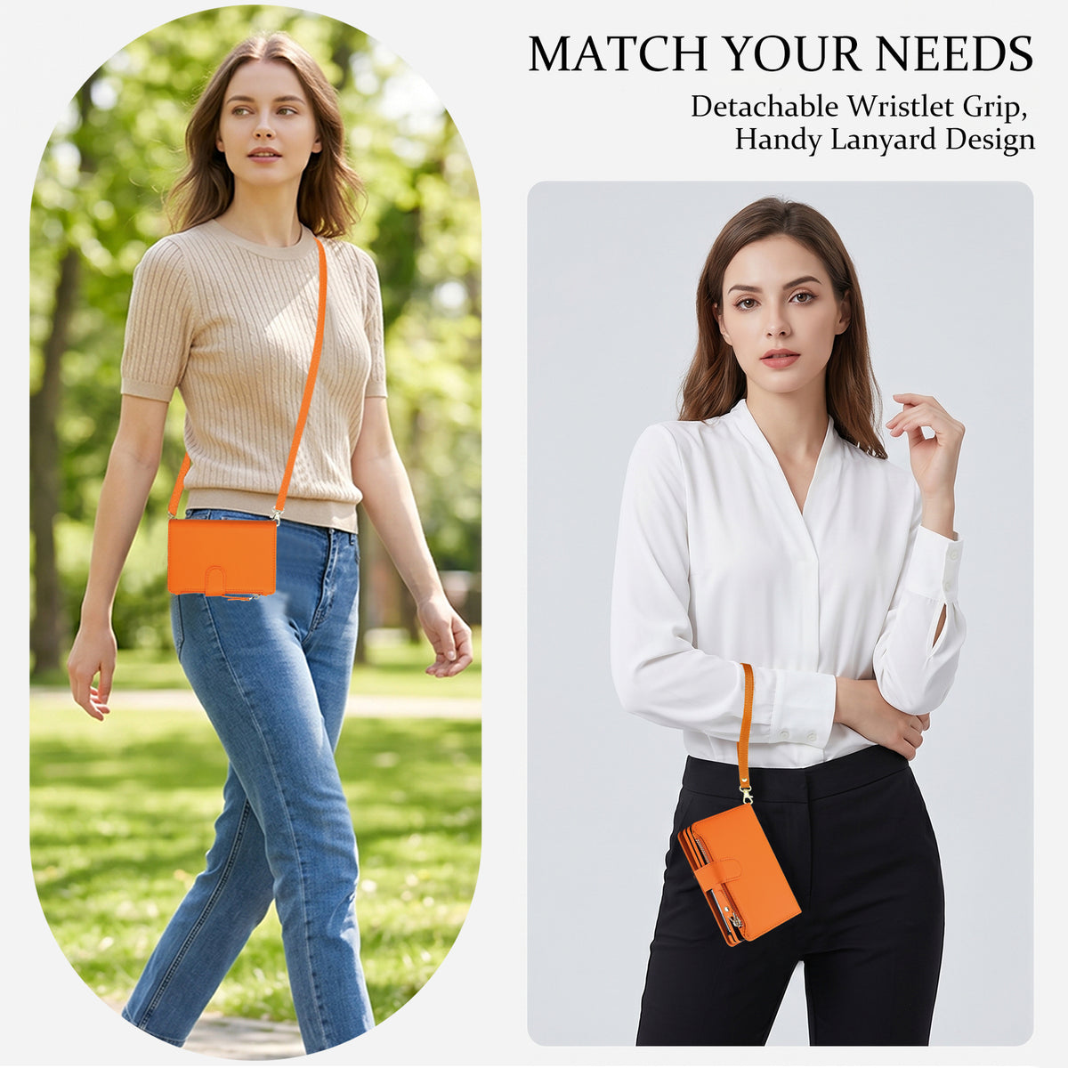 Lifestyle demonstration of a model wearing the orange leather phone case as a crossbody shoulder bag and a wristlet lanyard purse.