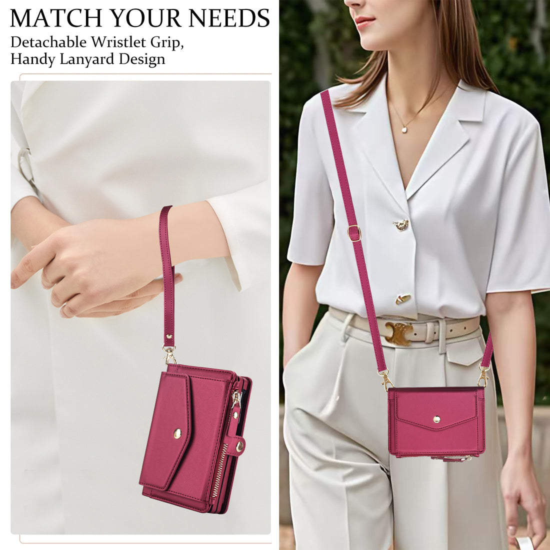 Lifestyle demonstration of the crimson red leather zipper wallet case for iPhone DUO worn as a wristlet purse and as an adjustable crossbody shoulder bag.
