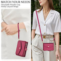 Lifestyle demonstration of the crimson red leather zipper wallet case for iPhone DUO worn as a wristlet purse and as an adjustable crossbody shoulder bag.