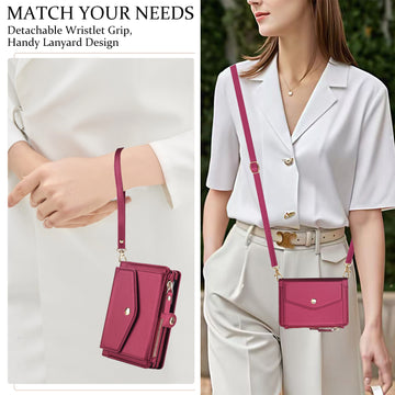 Lifestyle demonstration of the crimson red leather zipper wallet case for iPhone DUO worn as a wristlet purse and as an adjustable crossbody shoulder bag.
