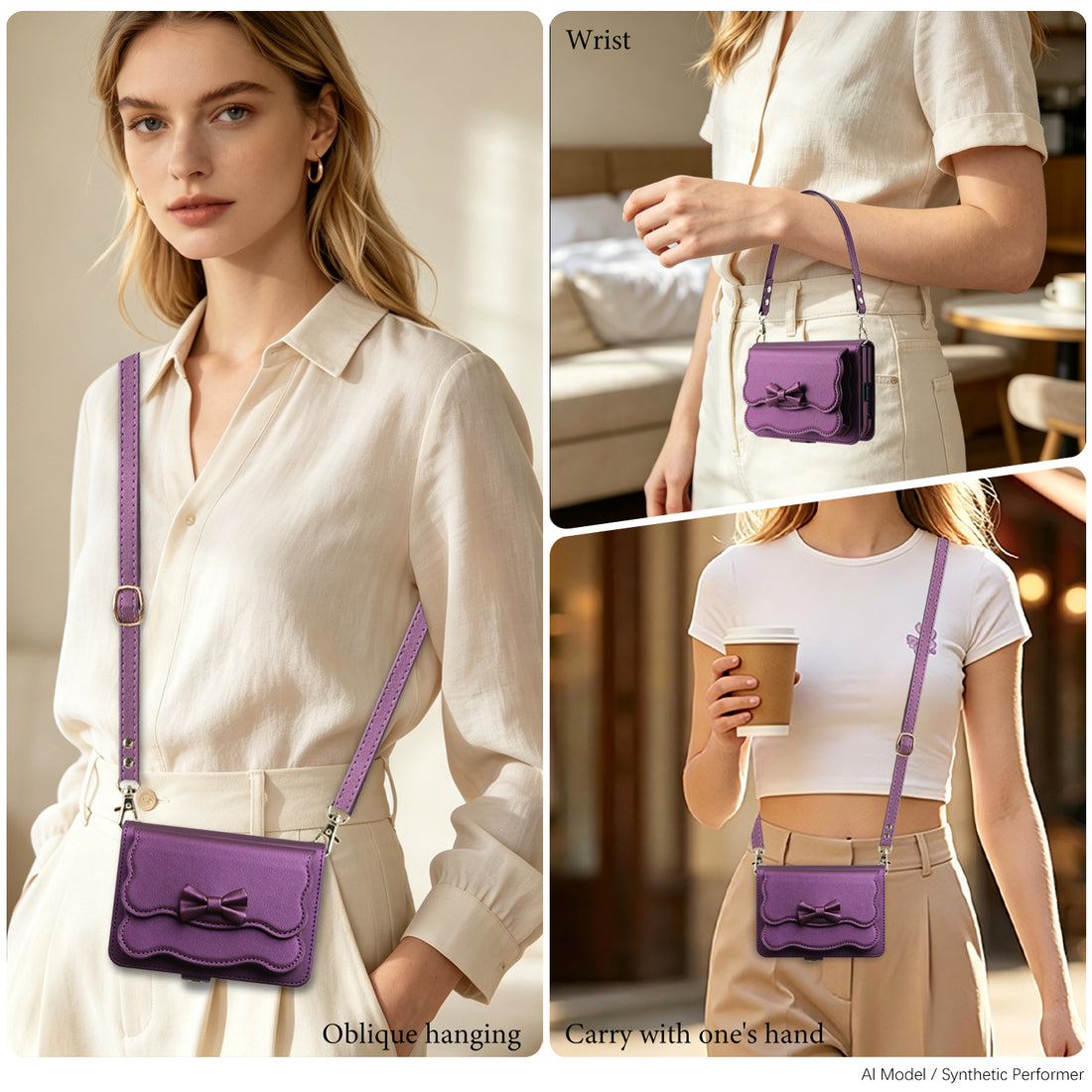Lifestyle photo collage of a model wearing the Dark purple bow case for iPhone DUO as a crossbody bag and wristlet lanyard purse.