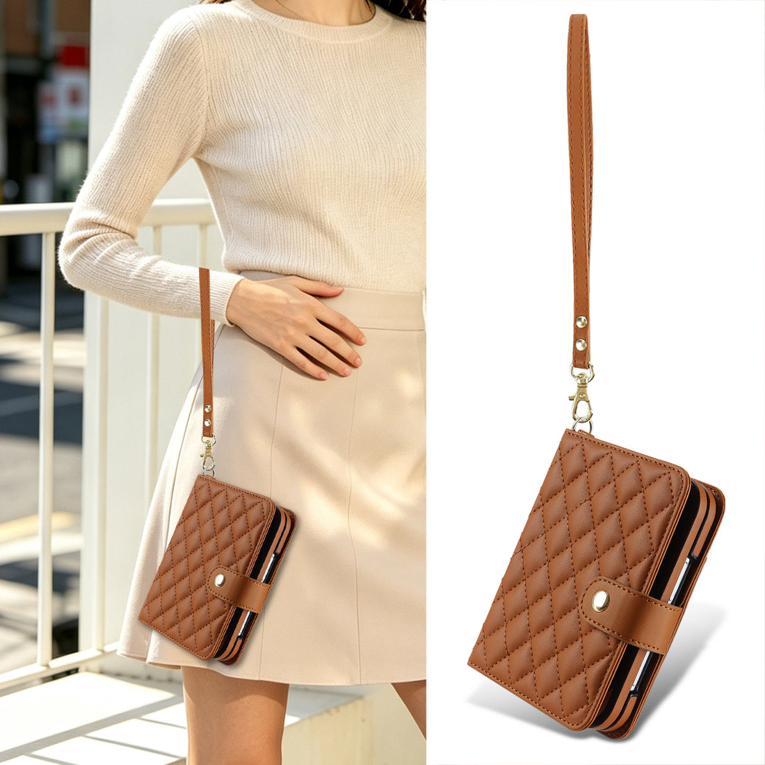 A model wearing the off-white quilted crossbody case for iPhone DUO with package callout showing the 1x removable adjustable shoulder strap (46-92) and 1x detachable wrist strap.