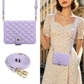Lifestyle showcase of a model wearing the soft lavender quilted iPhone DUO case as a crossbody shoulder purse with its long adjustable strap.