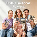Lifestyle showcase of three models holding the iPhone DUO magnetic leather case in hand, demonstrating open and closed folding display positions.