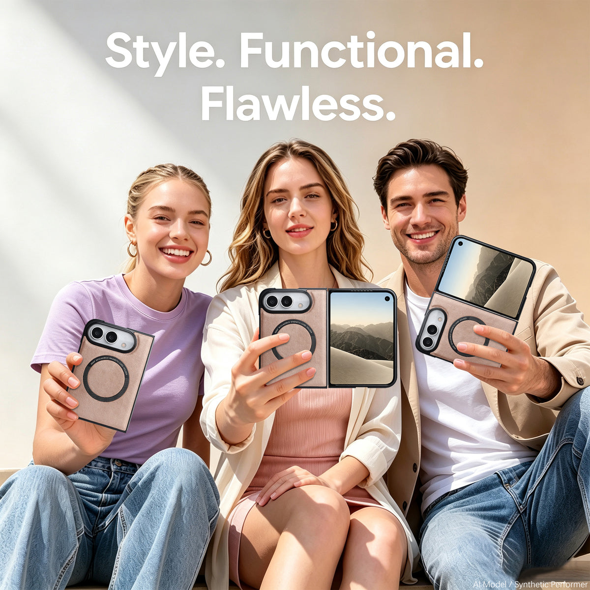 Lifestyle showcase of three models holding the iPhone DUO magnetic leather case in hand, demonstrating open and closed folding display positions.