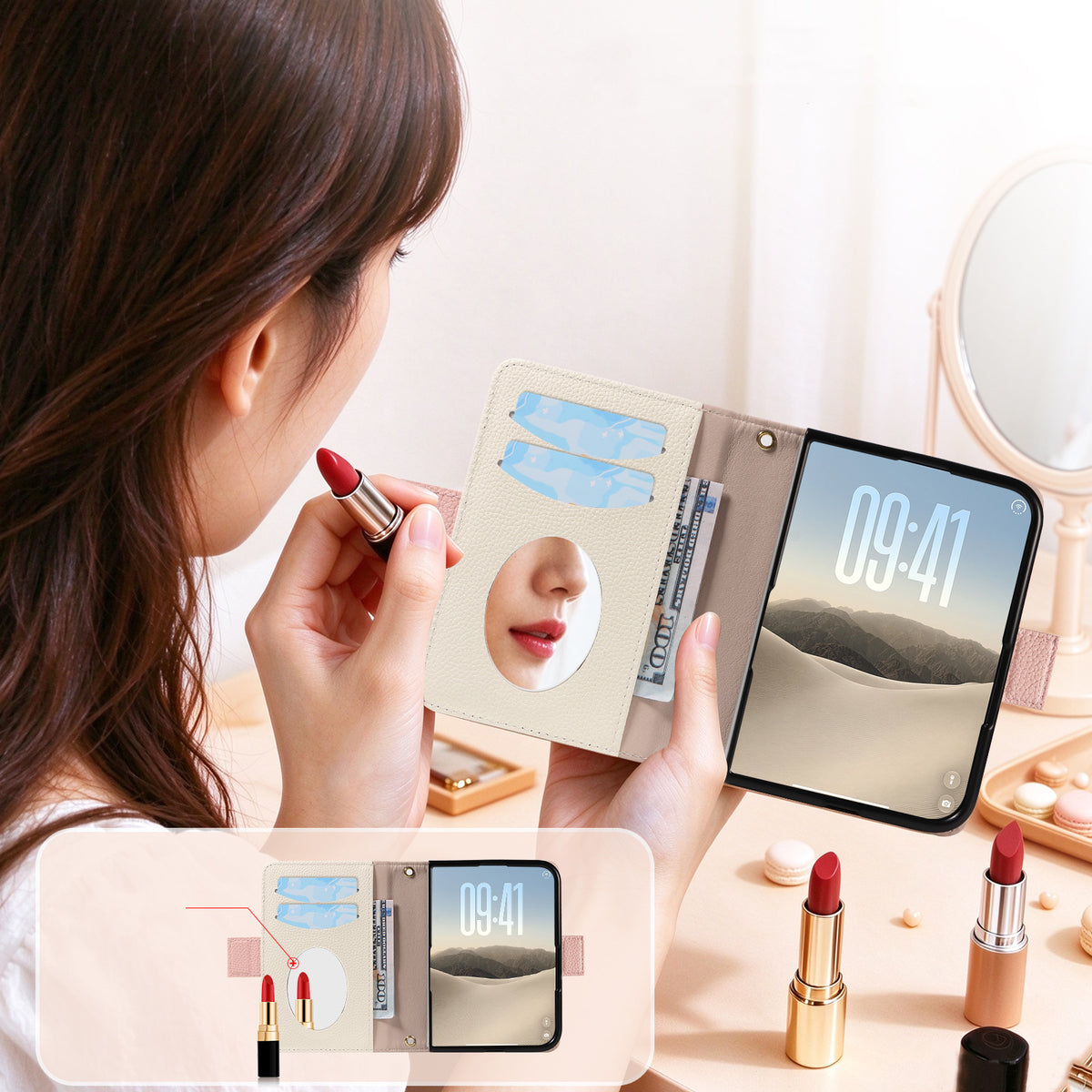 Lifestyle view of a woman applying lipstick while using the built-in vanity mirror inside the dual-tone leather wallet case for iPhone DUO, featuring credit card slots, cash pocket, and screen cover.
