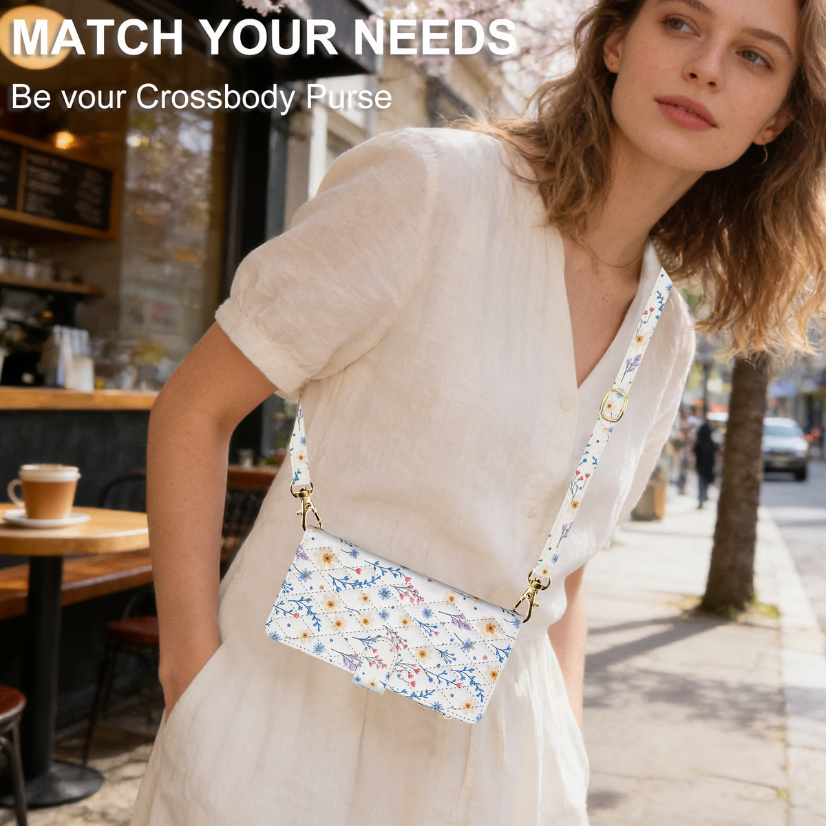 Lifestyle view of a woman wearing an iPhone 17 Pro floral leather phone case as a crossbody purse