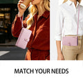 Lifestyle view of a woman wearing pink woven leather crossbody phone case as a shoulder purse and wristlet clutch.