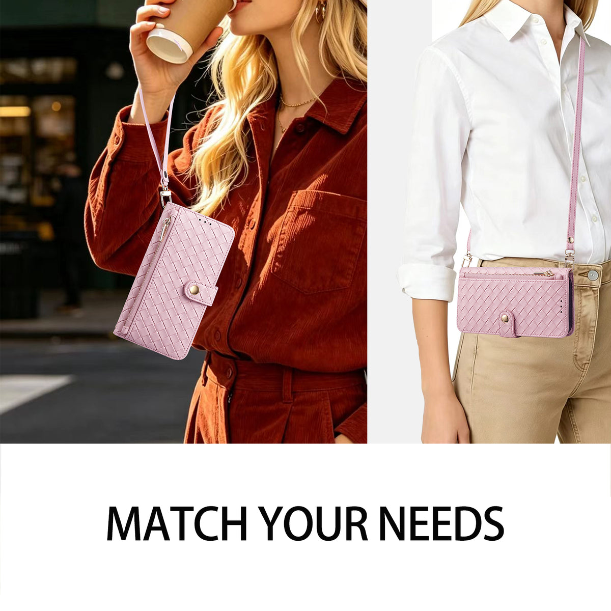 Lifestyle view of a woman wearing pink woven leather crossbody phone case as a shoulder purse and wristlet clutch.