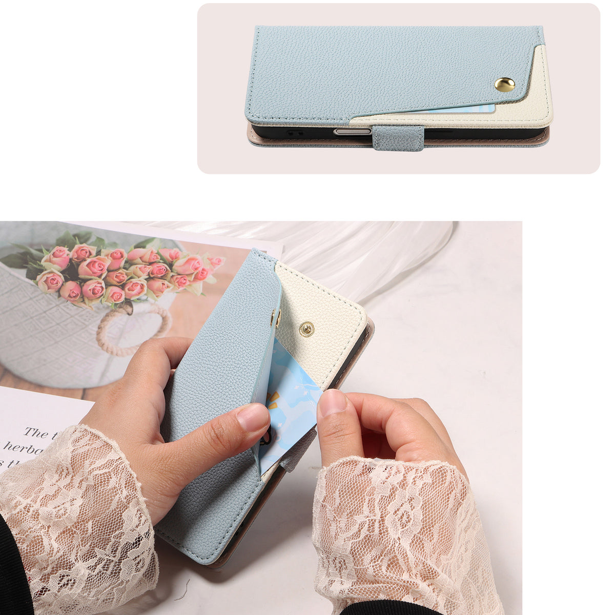 Light-blue pebbled leather flip case. The top panel shows the case from above, closed with a diagonal blue and cream leather pattern and a gold stud button.